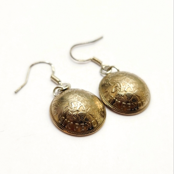 Jewelry - Vintage Domed Sixpence Coin Earrings Artisan, Hand Made